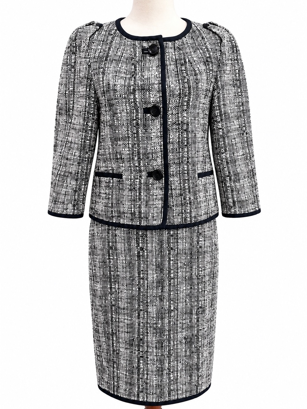 Talbots Petite Classic Black White Tweed Pencil Skirt Suit Blazer Women 4
